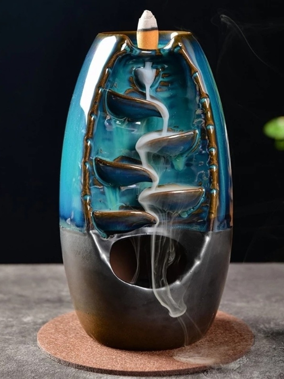 Blue & Brown Bamboo Waterfall Incense Burner New In Box